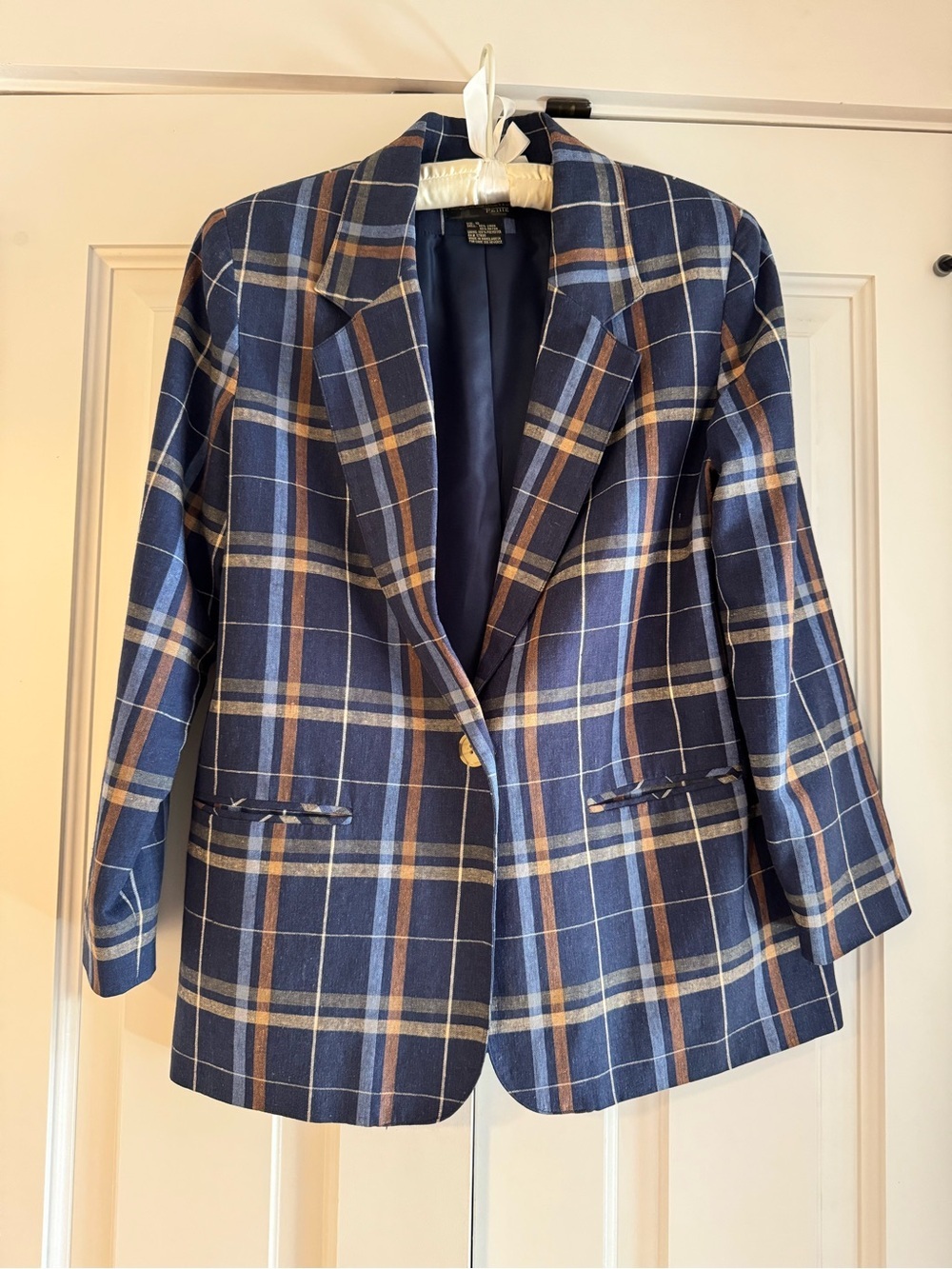 90s Requirement Navy Plaid Single-Button Blazer Tan & White Stripe 10 Equestrian